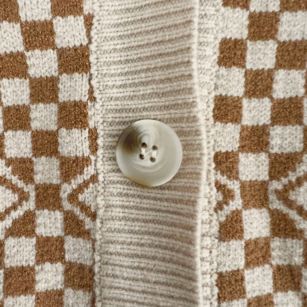 Brown Cream Checkered Knit Cardigan Vintage Grandpa Core XS - Picture 5 of 5